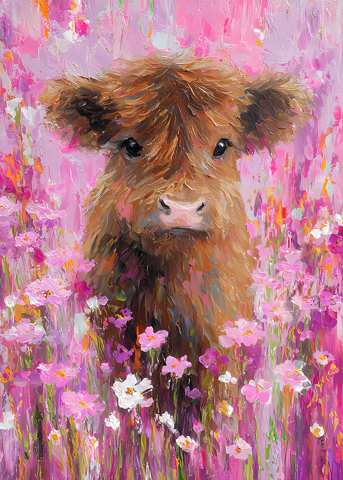 Cute Highland Cow in Pink Flowers