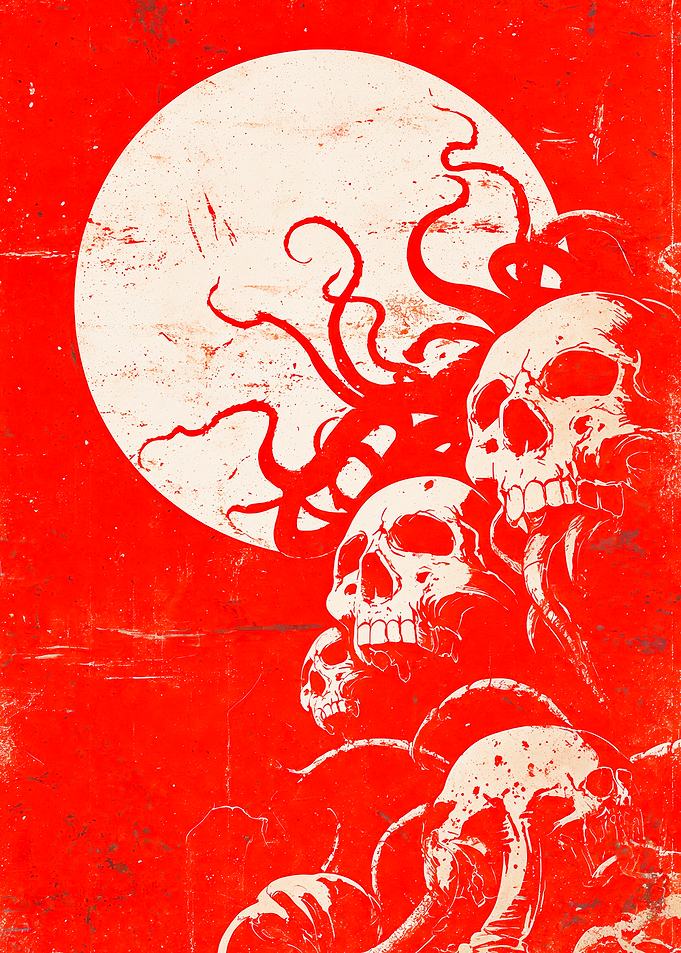 Macabre Tentacle Skulls Red Moon