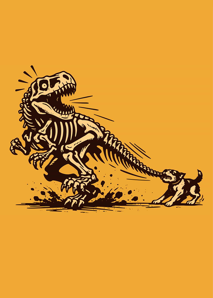 Dog Pulling Dinosaur Skeleton