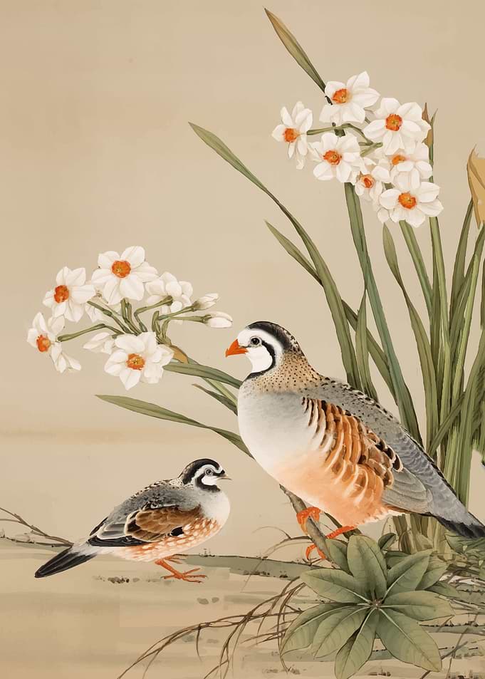 Two Birds and Daffodils Painting