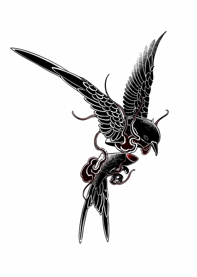 Black Swallow with Red Clouds Tattoo Design