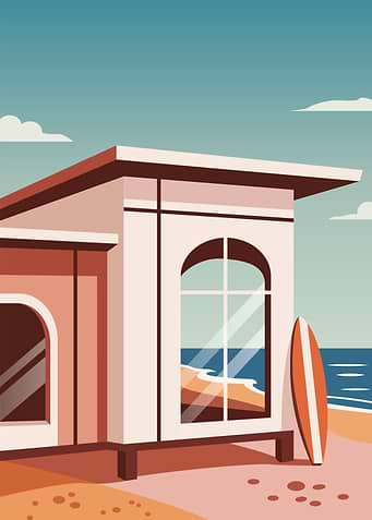 Beach house with surfboard