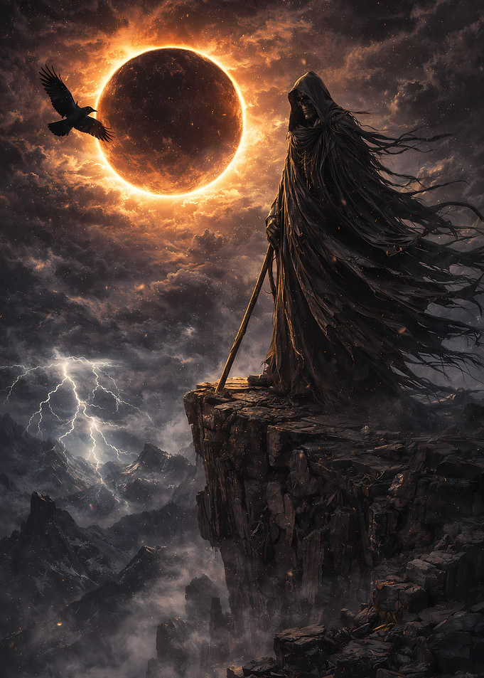 Grim Reaper on Cliff During Eclipse
