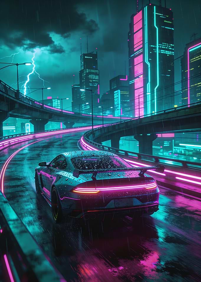 Cyberpunk Car on Rainy Highway