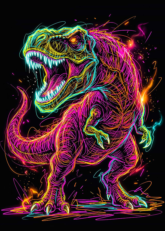 Standing Roaring Neon T-Rex Art