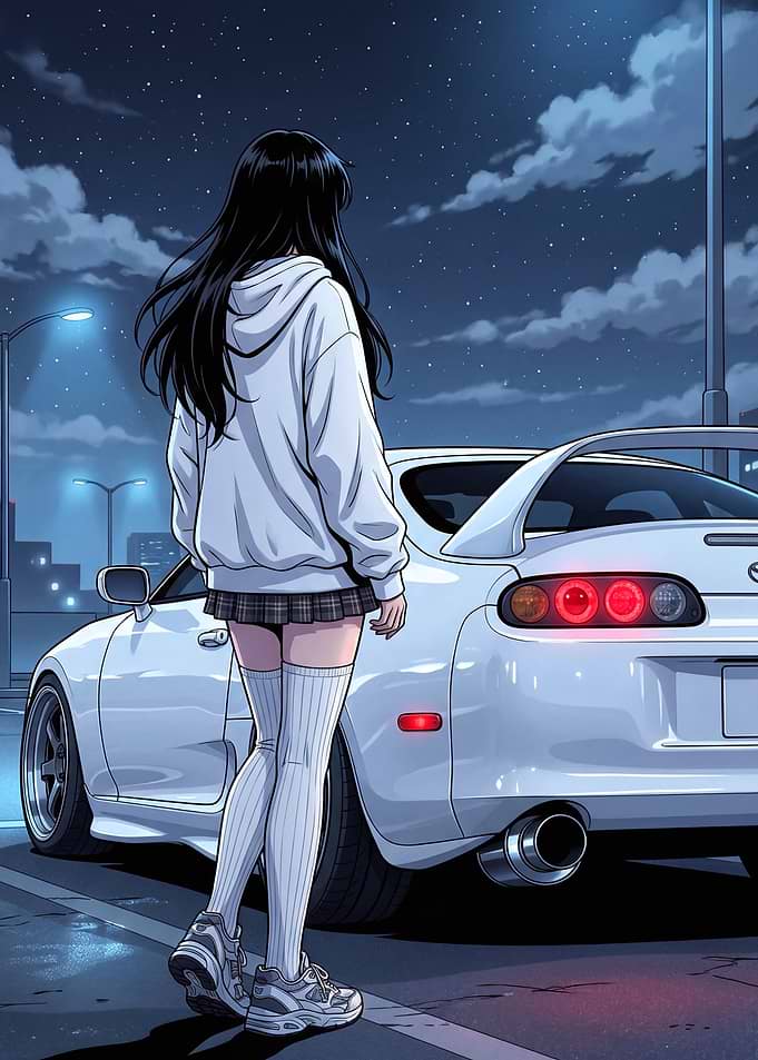 Anime Girl and Supra Car at Night