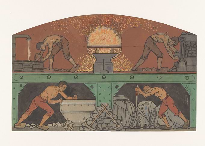 Industrial workers in a stylized scene