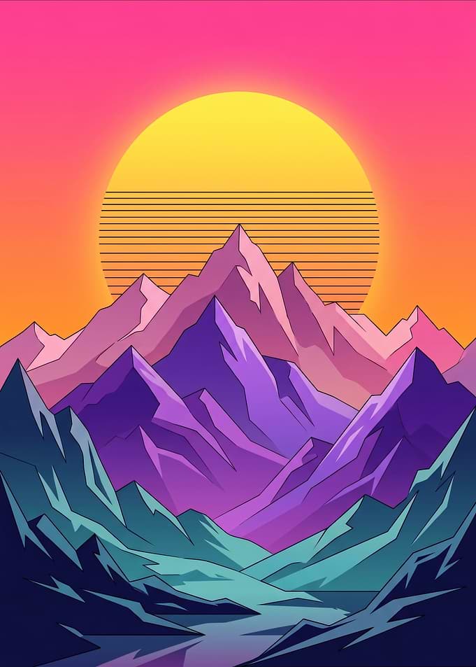 Retro Mountain Sunset Landscape