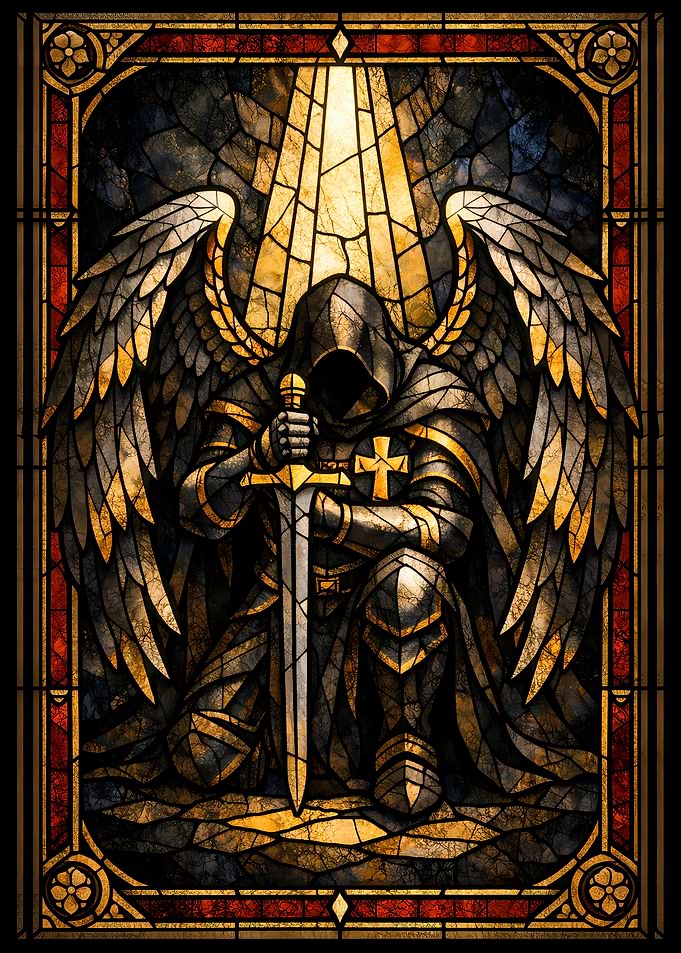 Stained Glass Angel Knight Kneeling