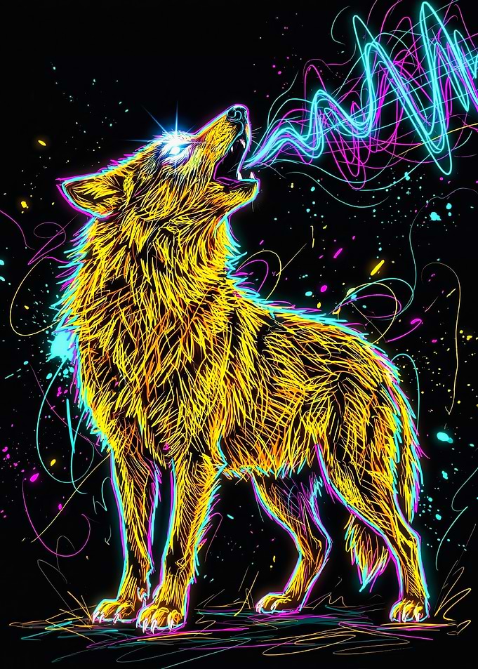 Howling Standing Neon Wolf Art