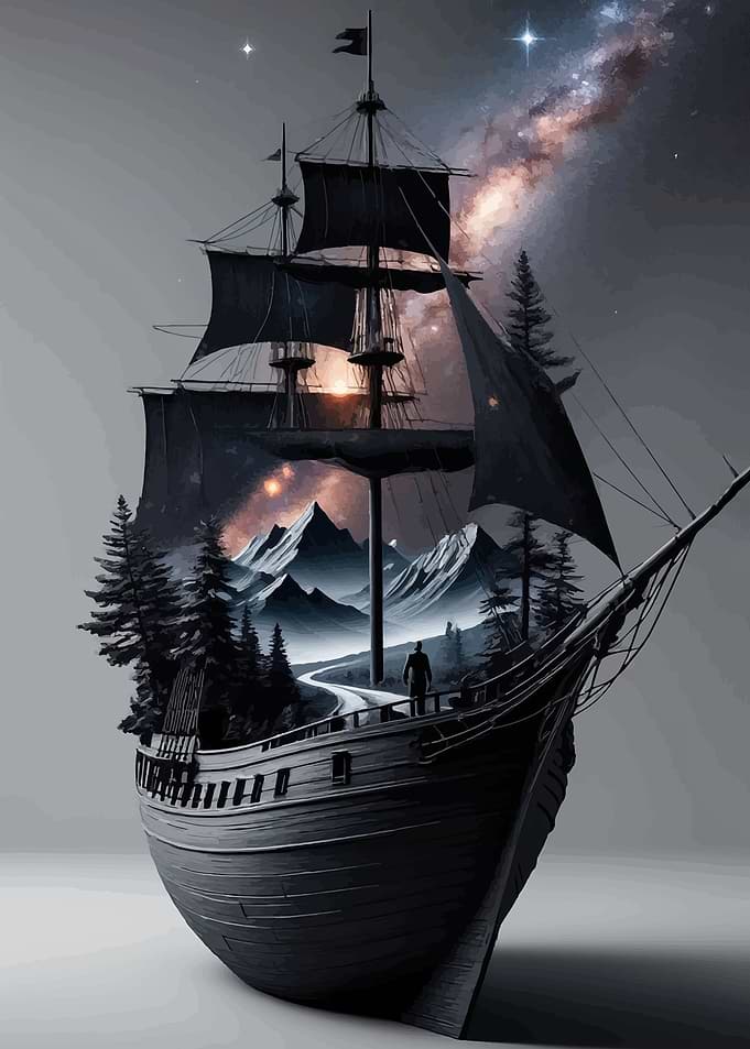 Surreal Ship Sailing Through Mountains and Stars