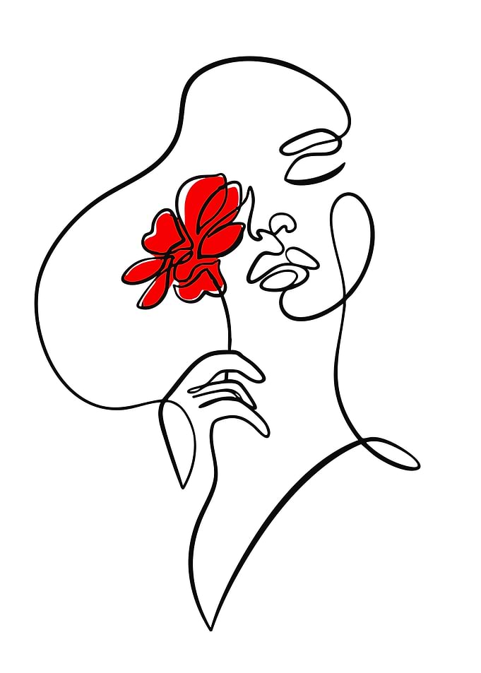 One Line Art Woman with Red Flower