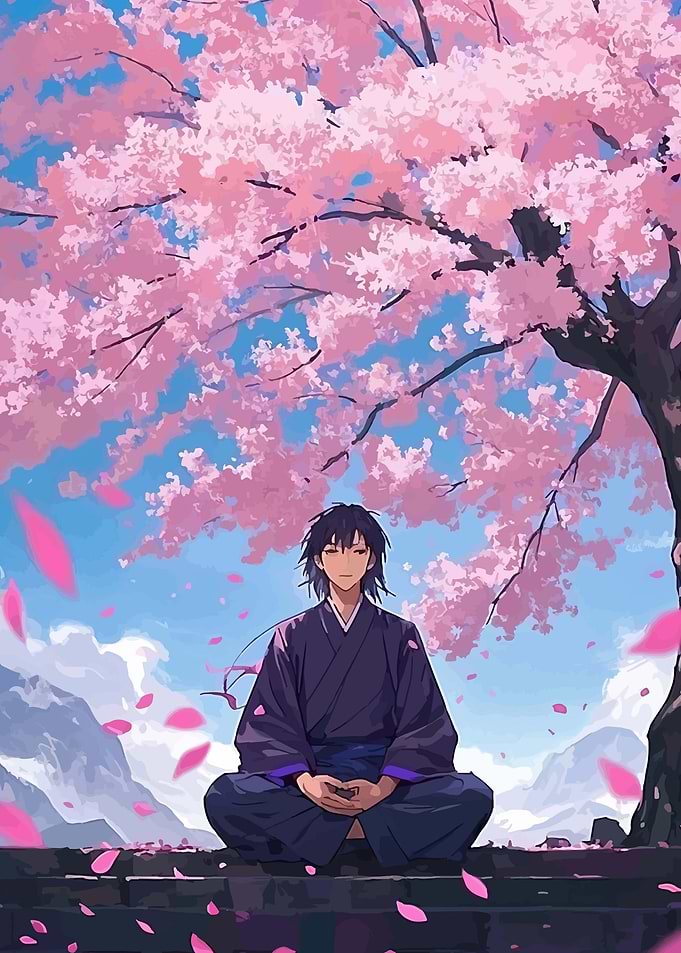 Man Meditating Under Cherry Blossoms