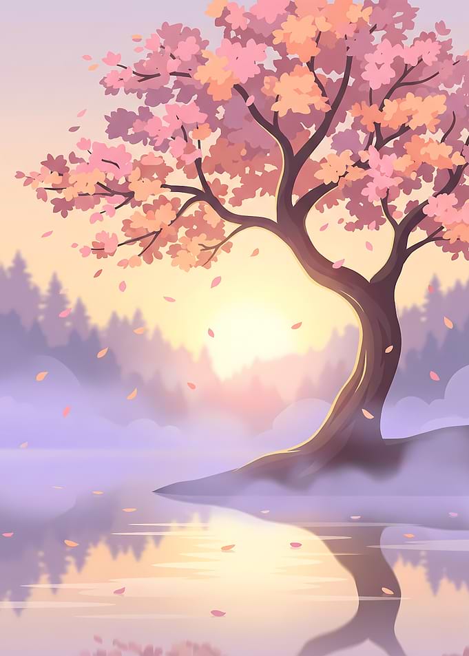 Japanese Cherry Blossom Landscape Print