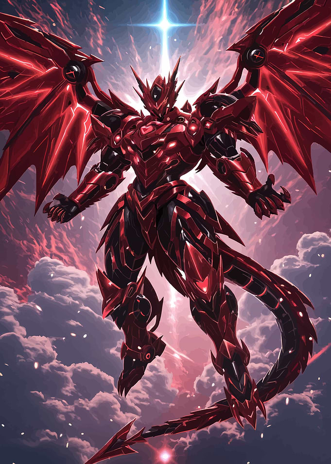 Red Dragon Mech in Cosmic Sky