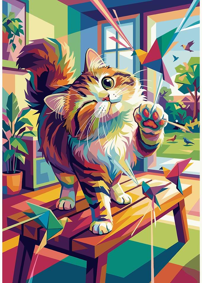 Playful Cat with Origami Birds