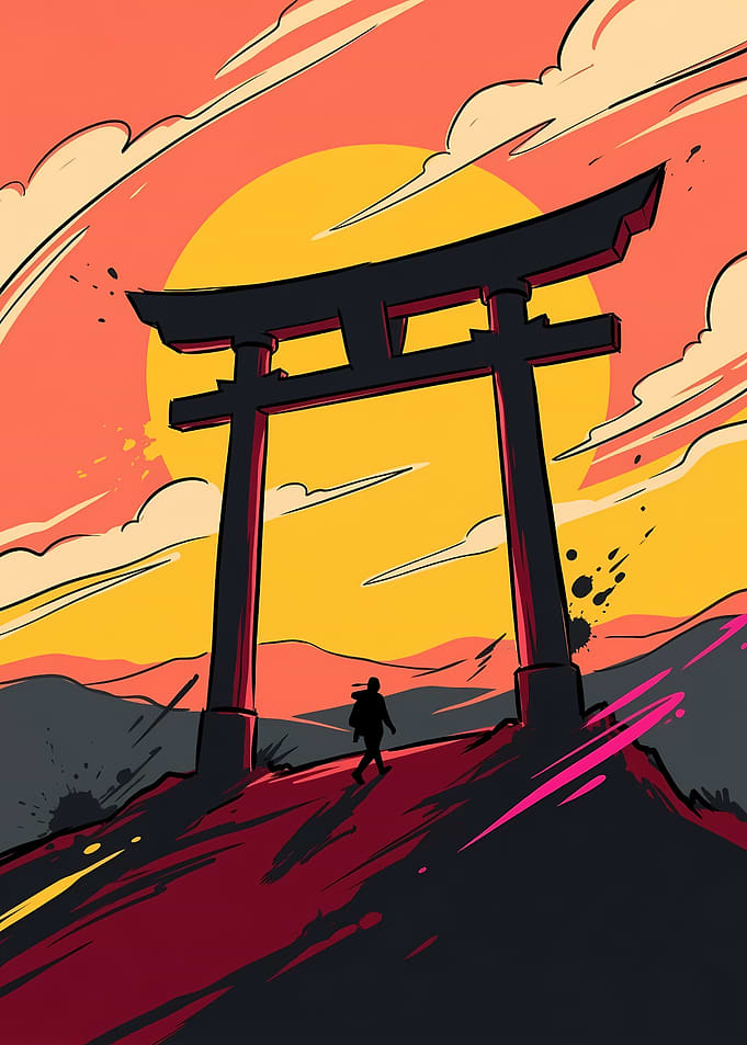 Serene Torii Gate Sunset Vector Illustration