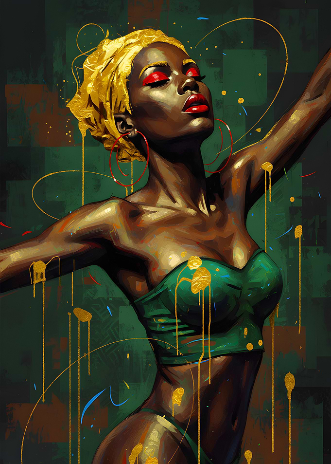 Vibrant Portrait of a Woman in Gold and Green