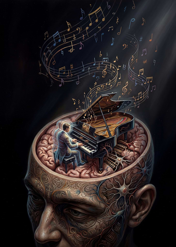 Man Playing Piano Inside Brain