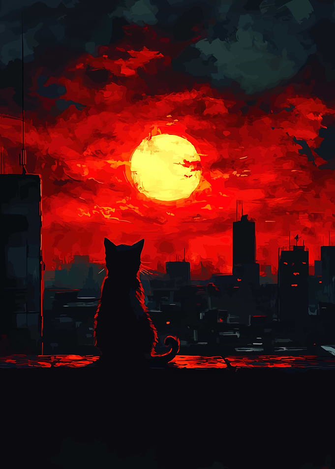 Cat silhouetted against a fiery sunset