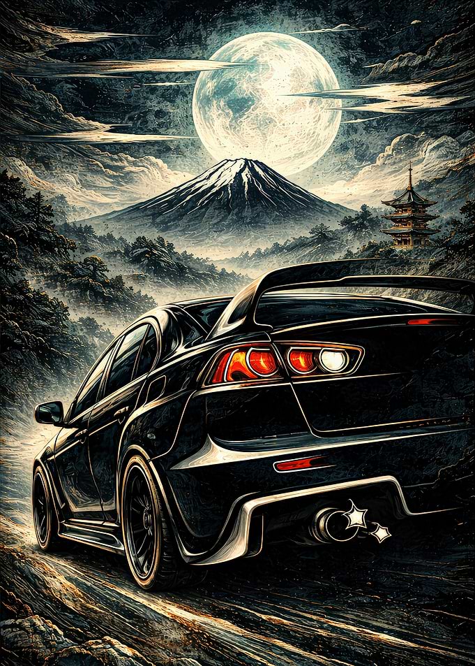 Black Sports Car Under the Moon