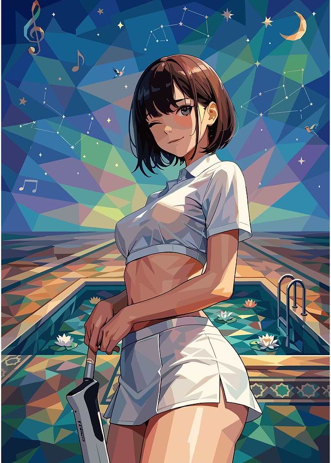 Anime Girl by Pool with Starry Sky