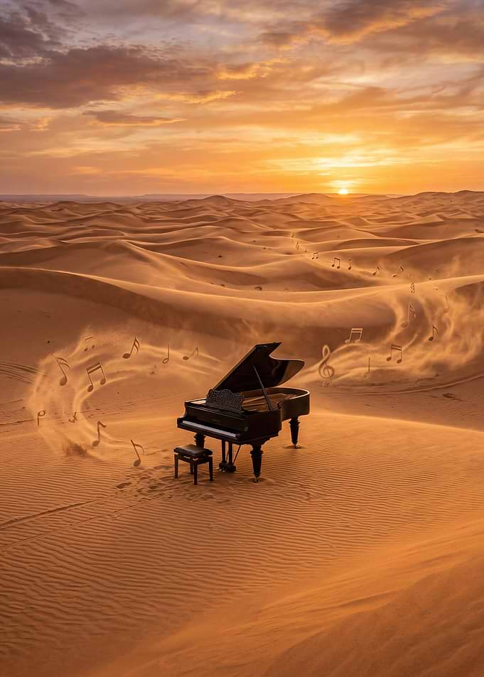 Piano in Desert with Music Notes