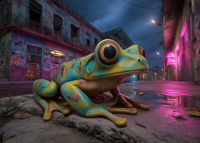 Surreal Frog in Graffiti Cityscape