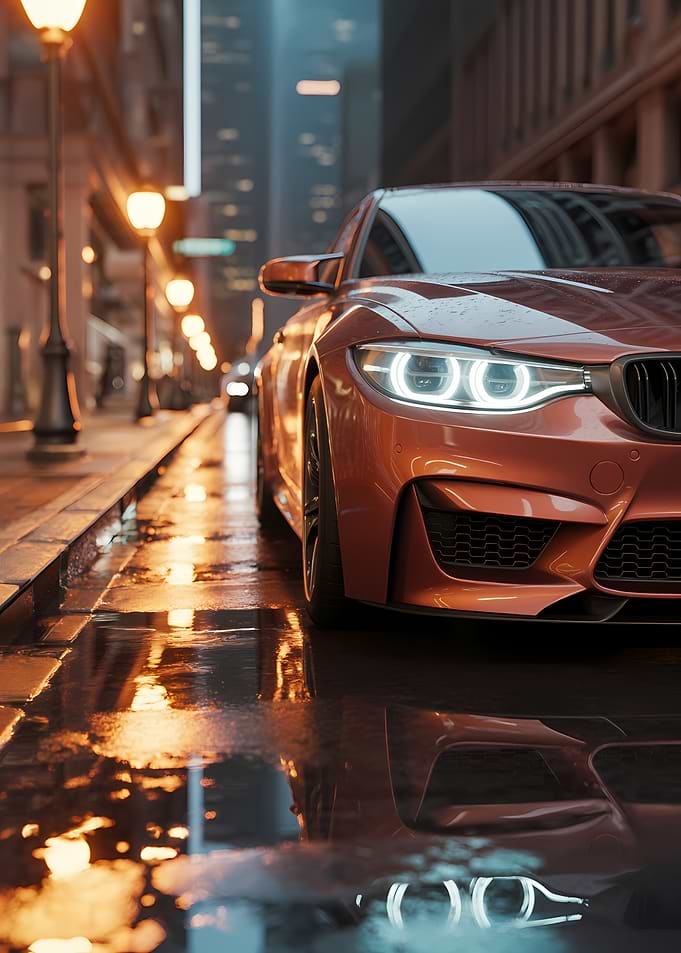 Luxury Car on Wet City Street