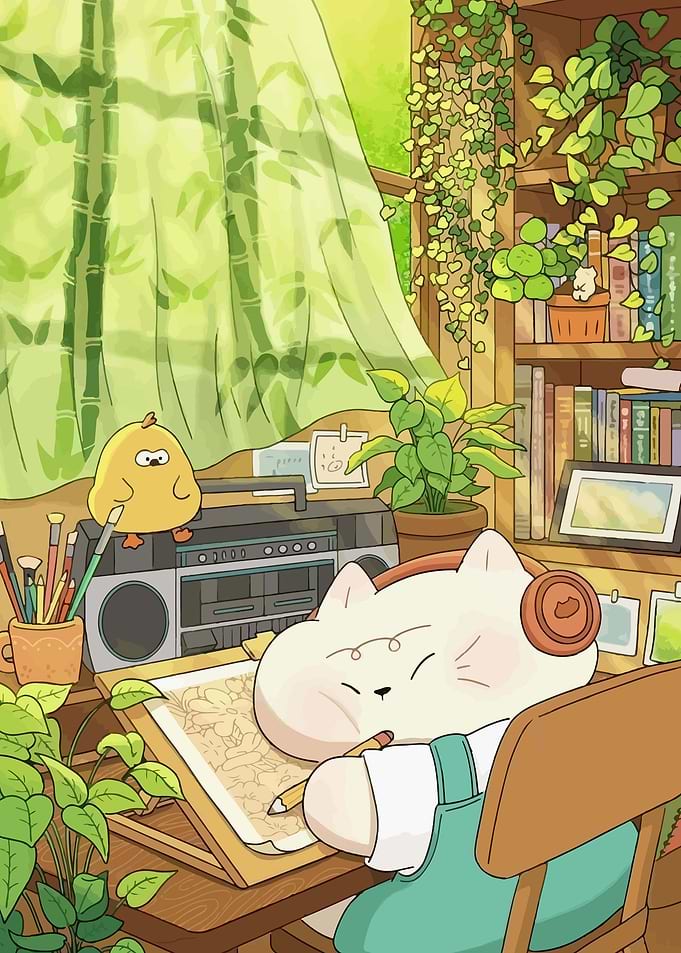 Cat Drawing with Chick and Boombox