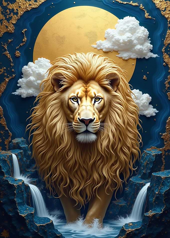 Majestic Lion in a Celestial Waterfall