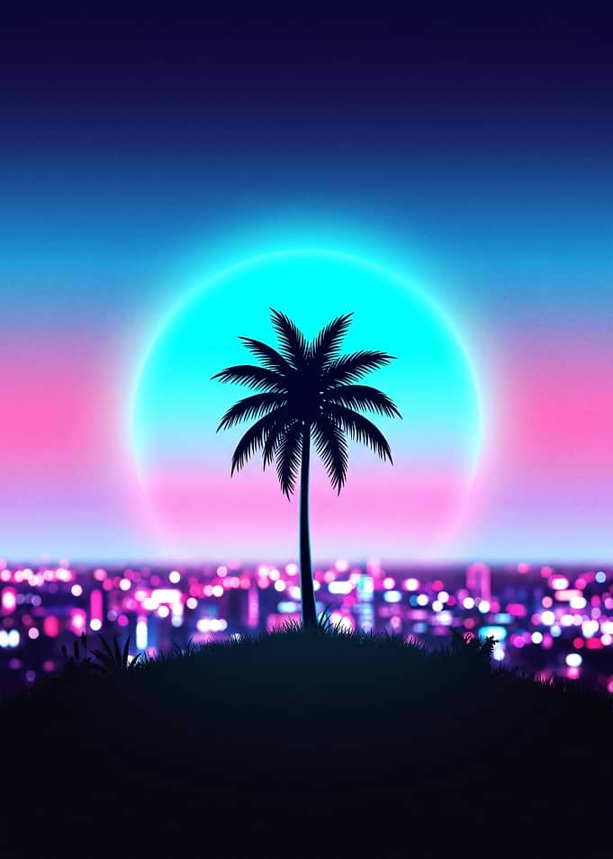 Retro Sunset Palm Tree Cityscape