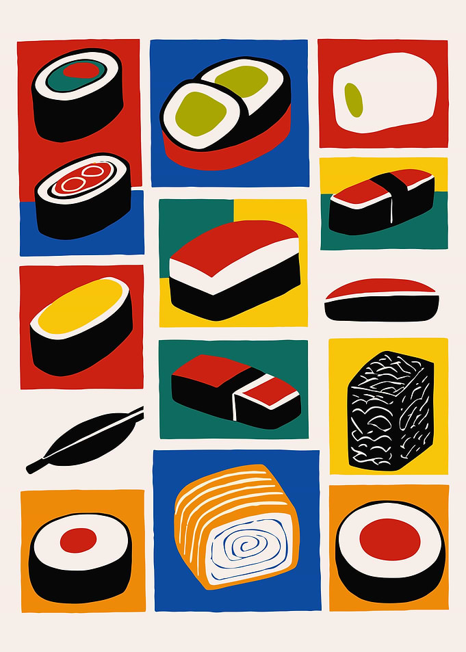 Colorful Sushi and Maki Illustration