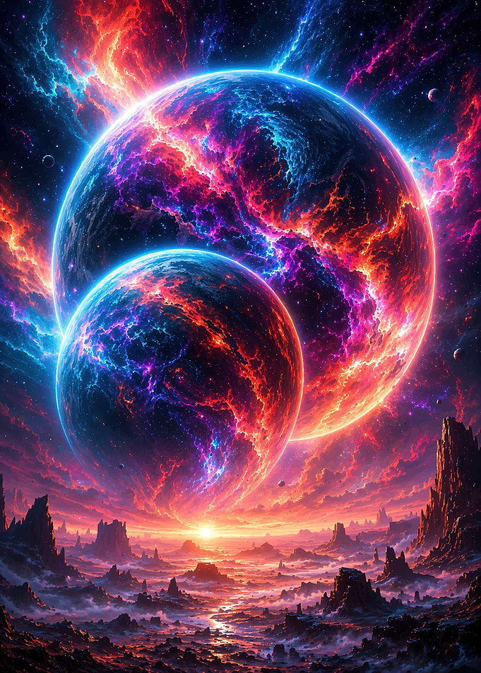 Cosmic Landscape with Planets and Nebula