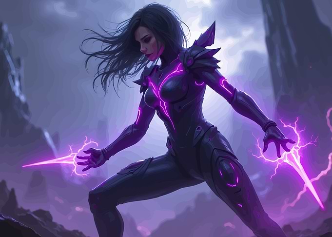 Woman in Futuristic Armor with Energy Blasts