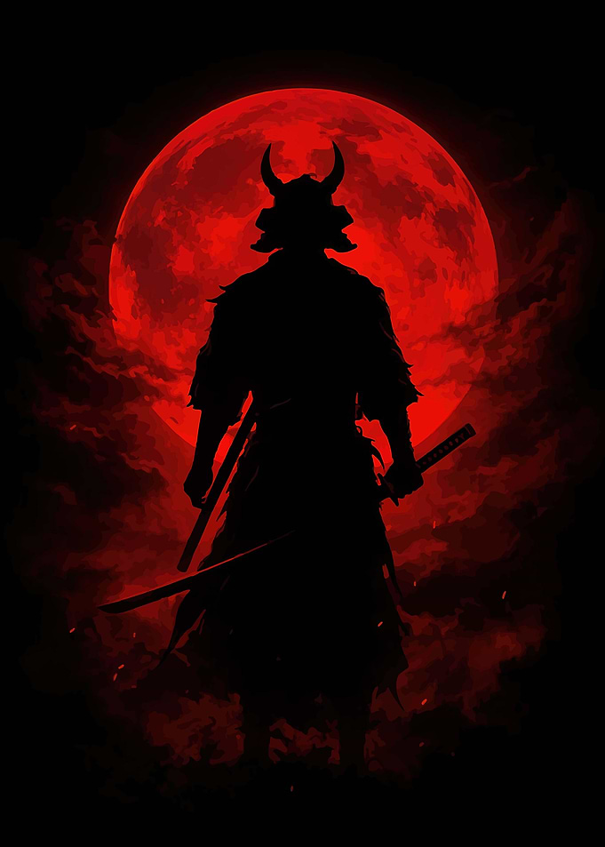 Samurai Silhouette Under a Blood Moon