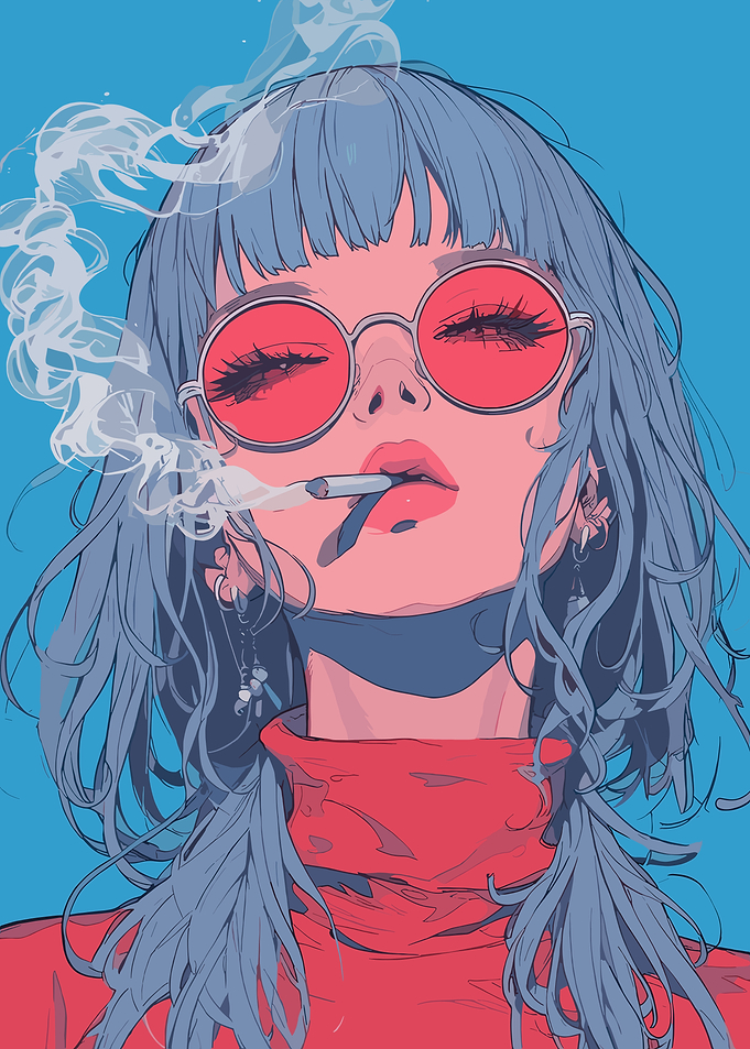 Anime Girl Smoking with Red Glasses