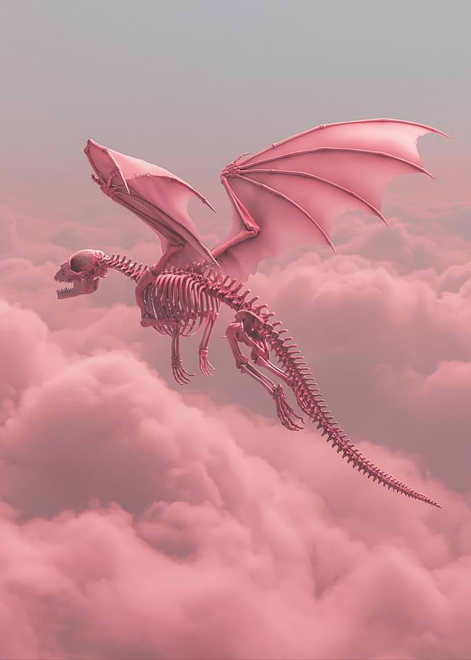 Pink Dragon Skeleton Flying Through Clouds