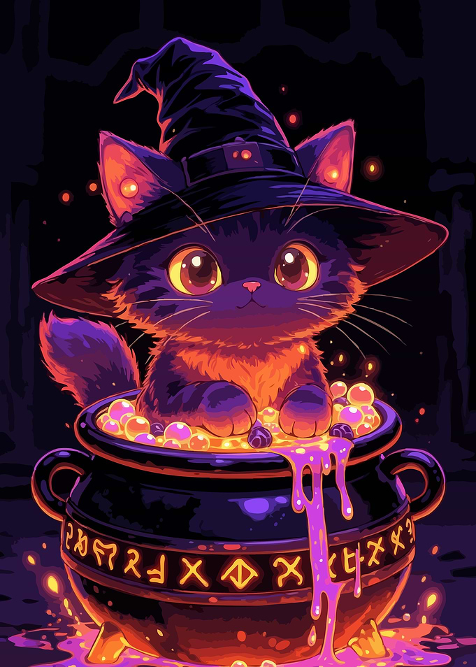 Cute Witch Cat in Cauldron