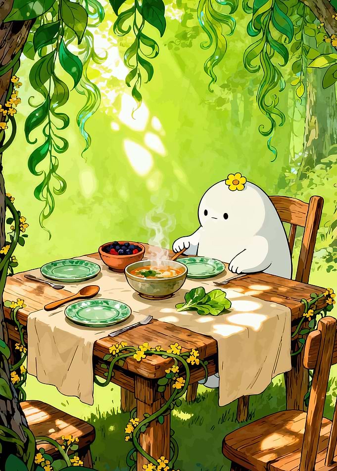 Cute character eating soup in forest
