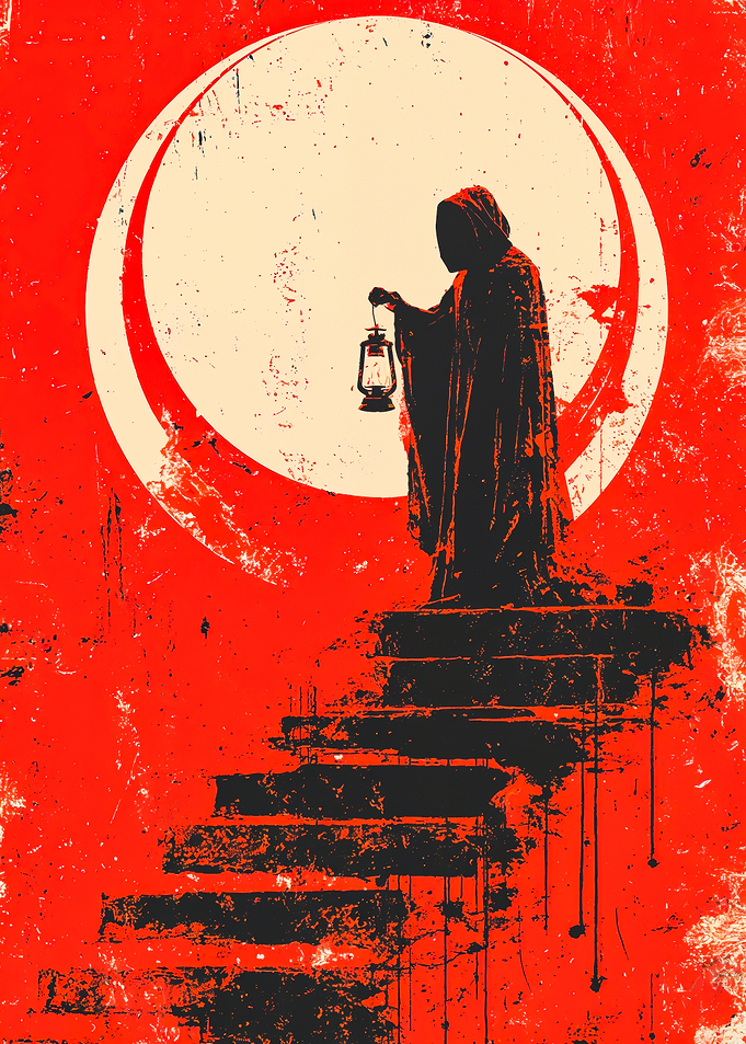 Hooded Figure Stairs Red Moon
