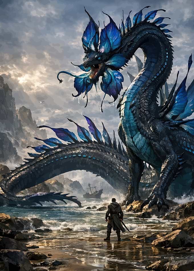 Dragon confronting a warrior