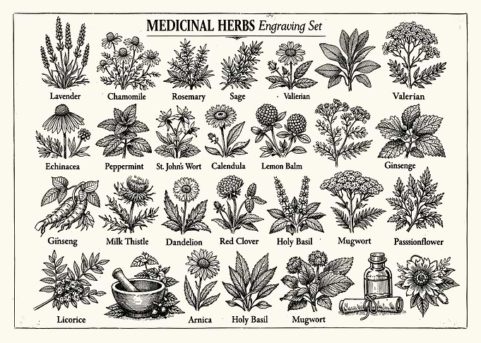 Medicinal Herbs Poster, Vintage Botanical Illustration Chart, Apothecary Wall Art