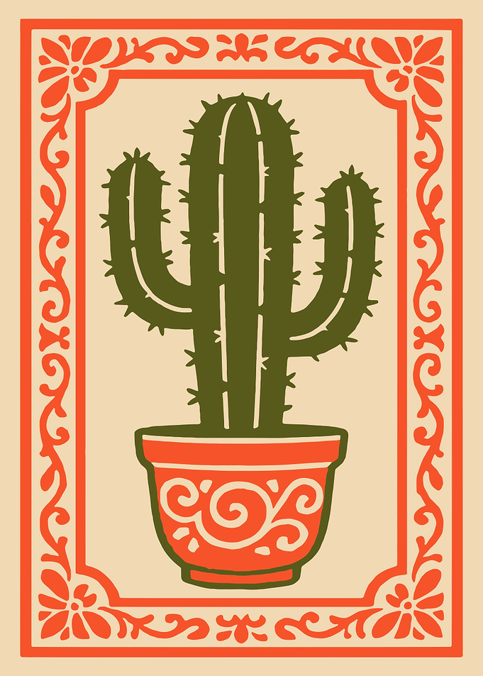 Potted Cactus with Decorative Border