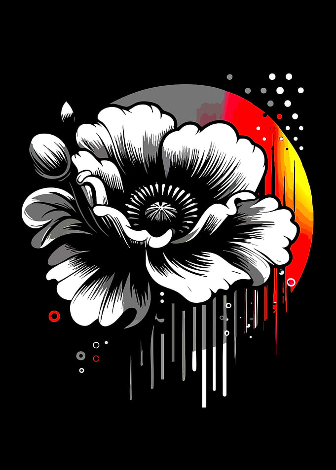 Black and White Poppy with Red and Yellow Sun