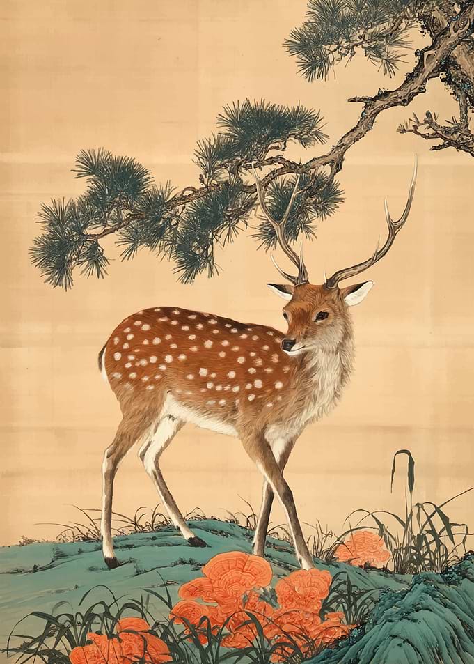 Deer under pine tree with mushrooms