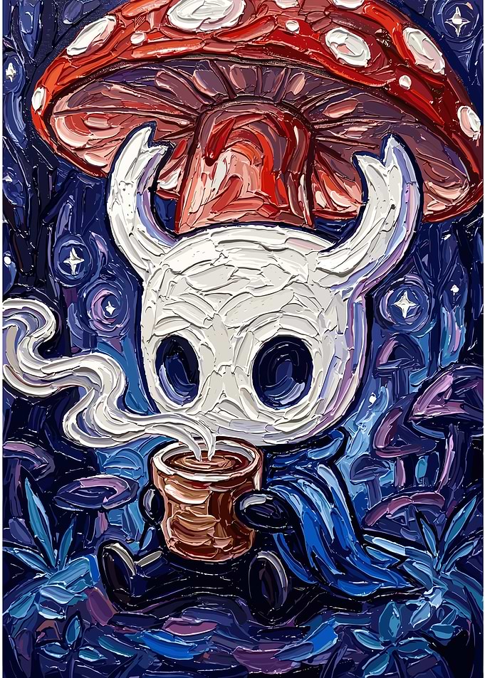 Hollow Knight Character with Mushroom and Coffee