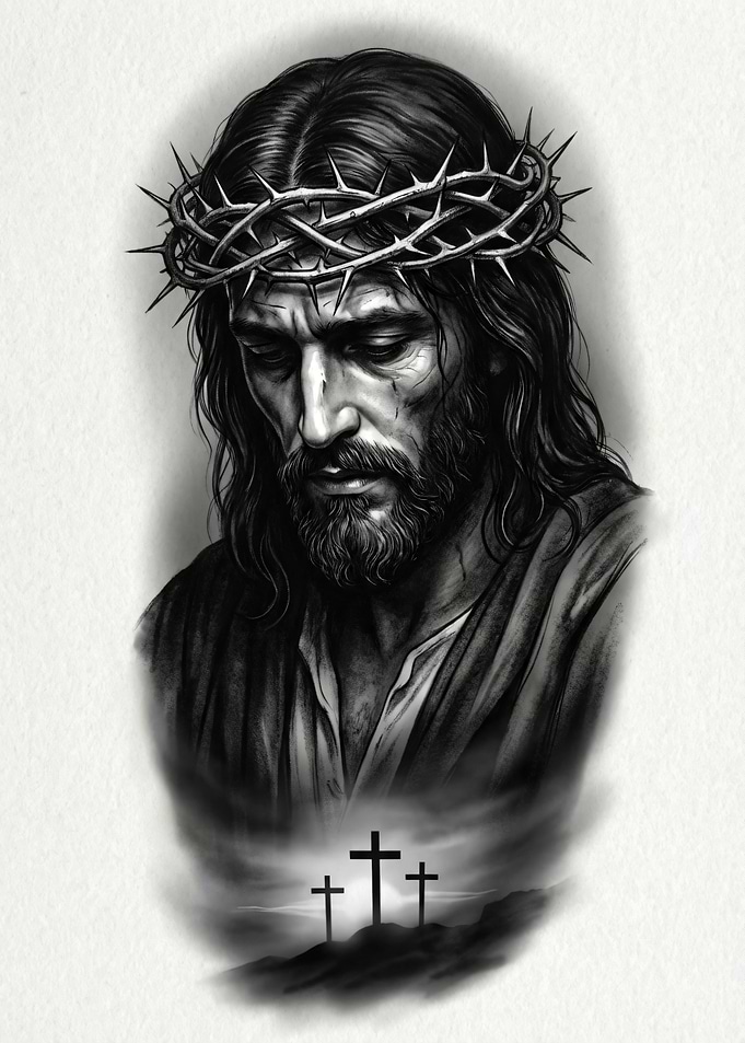Jesus Christ with Crown of Thorns and Crosses
