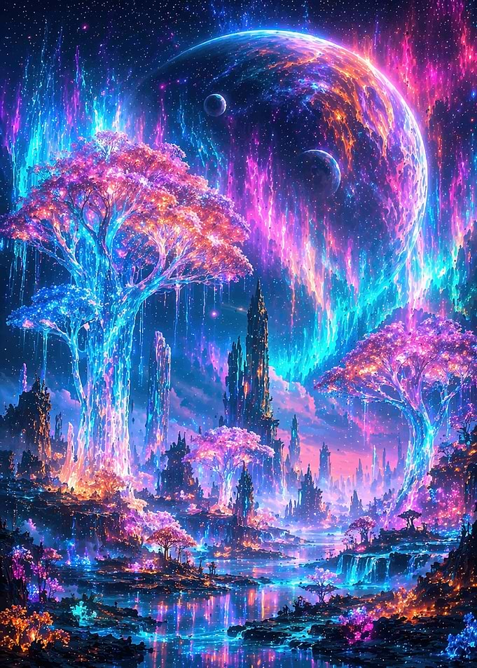 Alien Planet Landscape with Aurora