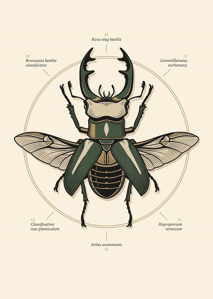 Stag Beetle Illustration with Scientific Labels